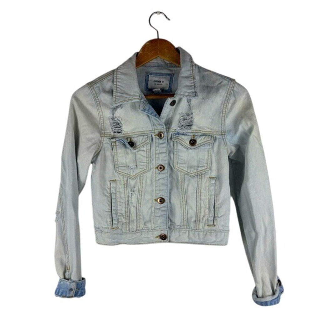 Forever 21 Small Women's‎ Light Blue Wash Denim Distressed Jean Jacket Cropped